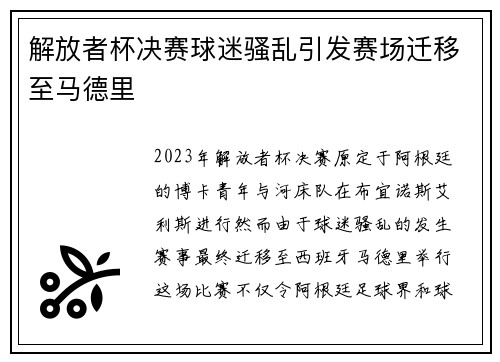 解放者杯决赛球迷骚乱引发赛场迁移至马德里